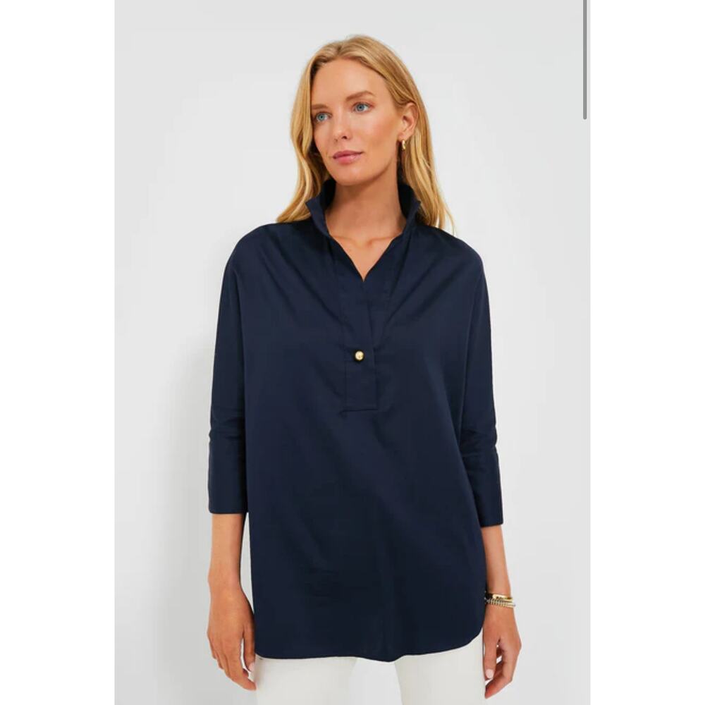 Tuckernuck Willow Blouse Navy Blue Tunic Top Cotton Collared Pullover XL